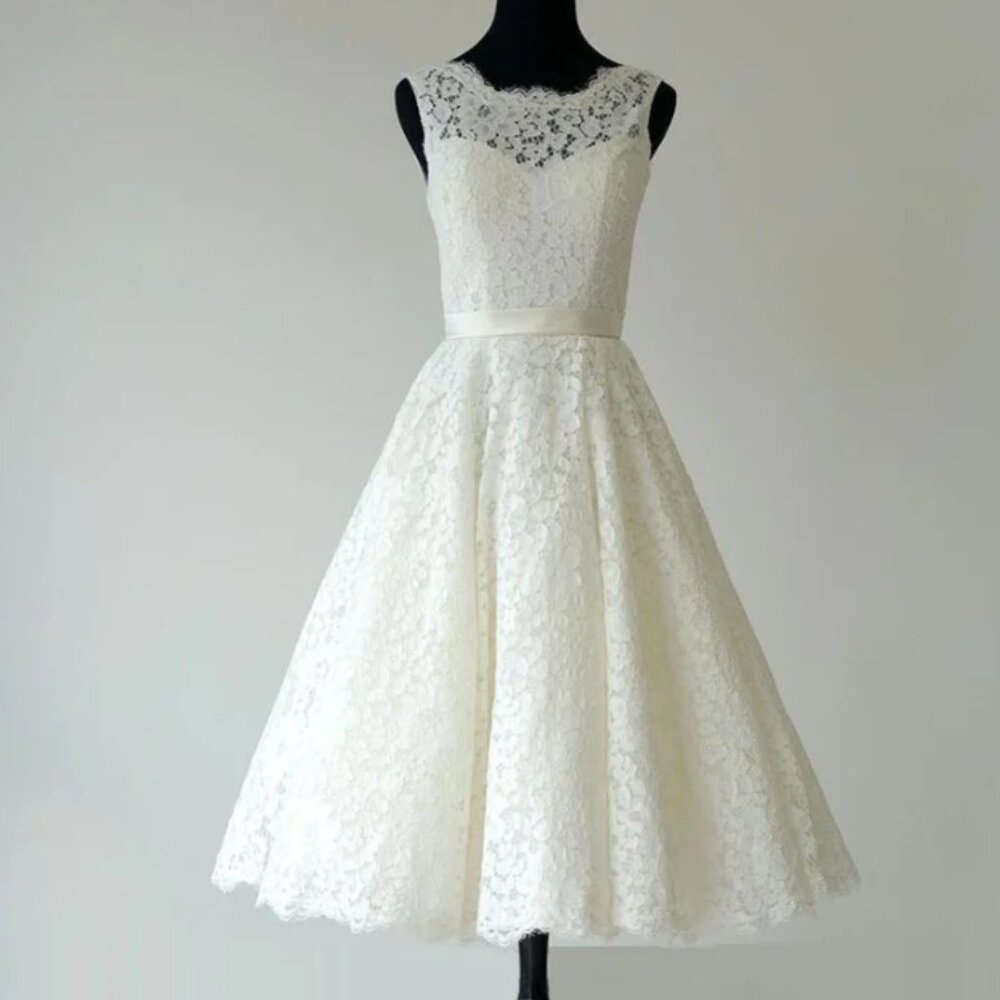 Sleeveless Sheer Illusion Neckline Tea Length Garden Bridal Dress With Waistband